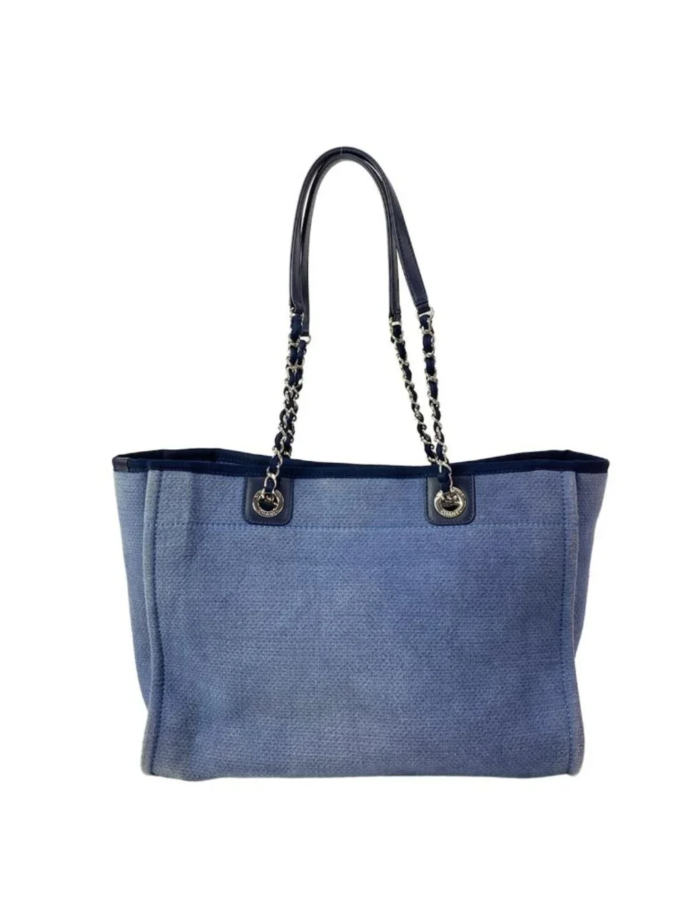Chanel Tote Bag Deauville Line MM Blue Dark Navy Chain Shoulder Silver Leather